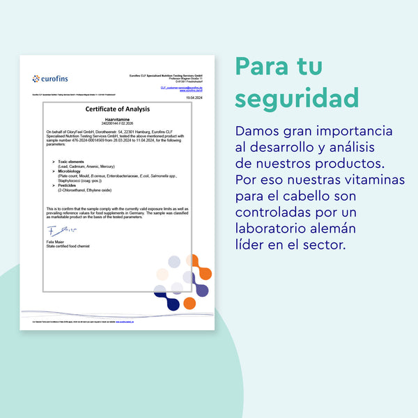 El Certificado de Análisis de Eurofins destaca la seguridad del producto y el control de vitaminas para el cabello, incluyendo &quot;extracto de mijo&quot; y &quot;biotina&quot;. Este certificado corresponde a Vitaminas para el cabello - 180 Cápsulas de GloryFeel GmbH España, certificado por un laboratorio alemán de primer nivel.