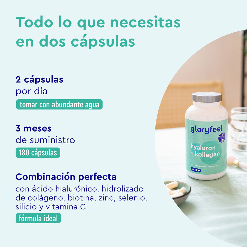 Una botella de &quot;Ácido hialurónico + Colágeno 180 Cápsulas&quot; de GloryFeel GmbH España se encuentra sobre una mesa con detalles de ingredientes y dosis en español. Cerca hay cápsulas y un vaso de agua con colágeno y ácido hialurónico para un mayor bienestar.