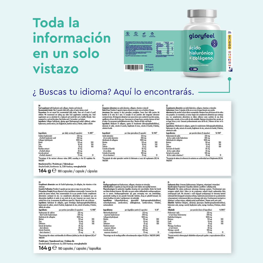 El envase de &quot;Ácido hialurónico + Colágeno 180 Cápsulas&quot; de GloryFeel GmbH España incluye colágeno y ácido hialurónico, con vitaminas y minerales esenciales. Ofrece información nutricional multilingüe e instrucciones en tablas fáciles de leer.