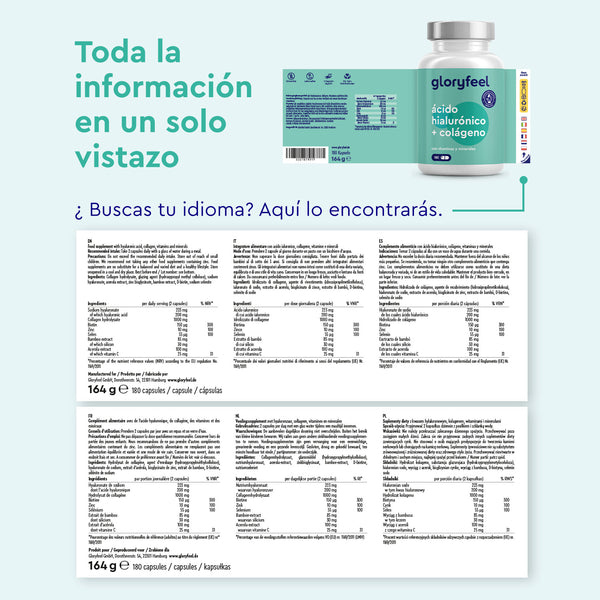 El envase de &quot;Ácido hialurónico + Colágeno 180 Cápsulas&quot; de GloryFeel GmbH España incluye colágeno y ácido hialurónico, con vitaminas y minerales esenciales. Ofrece información nutricional multilingüe e instrucciones en tablas fáciles de leer.