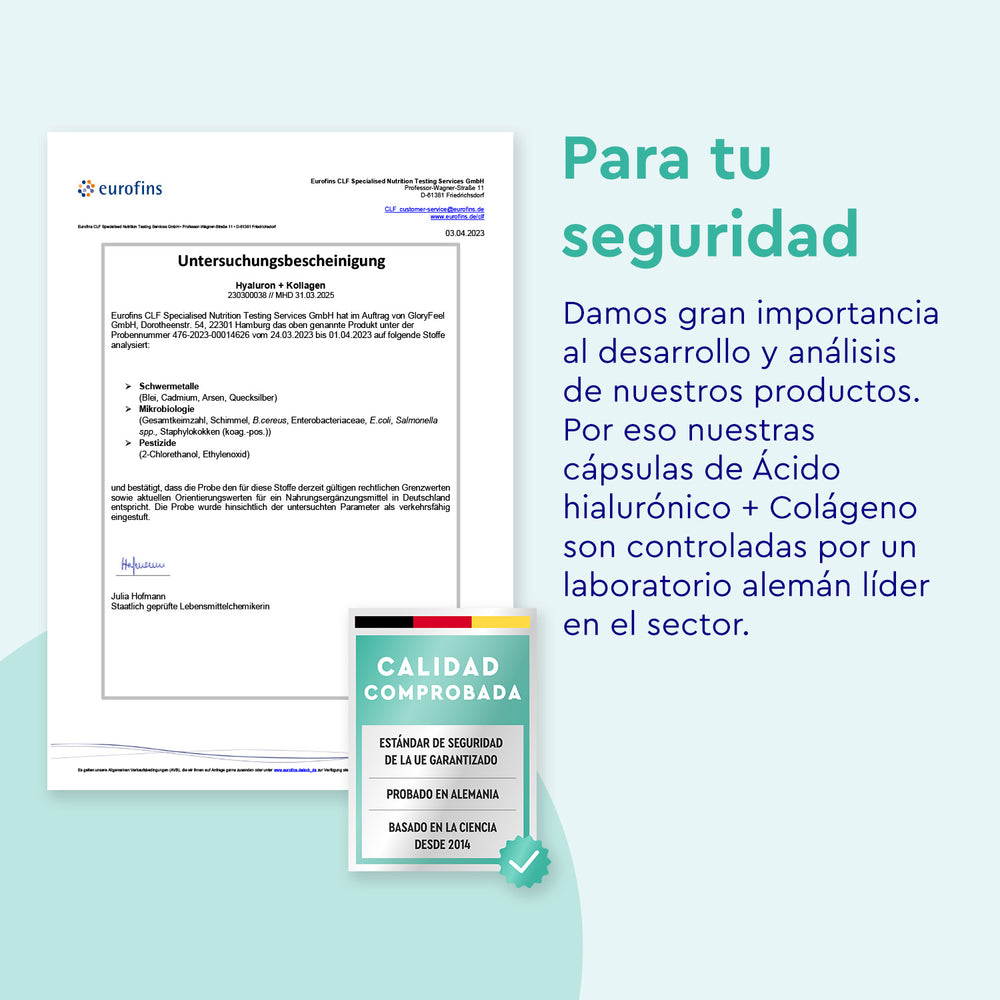 Un documento con detalles de análisis de laboratorio subraya la seguridad y el control de calidad de &quot;Ácido hialurónico + Colágeno 180 Cápsulas&quot; de GloryFeel GmbH España, destacando su énfasis en la seguridad del producto, ayudado por el colágeno, verificado por un laboratorio alemán de primer nivel.