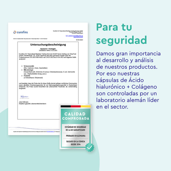 Un documento con detalles de análisis de laboratorio subraya la seguridad y el control de calidad de &quot;Ácido hialurónico + Colágeno 180 Cápsulas&quot; de GloryFeel GmbH España, destacando su énfasis en la seguridad del producto, ayudado por el colágeno, verificado por un laboratorio alemán de primer nivel.