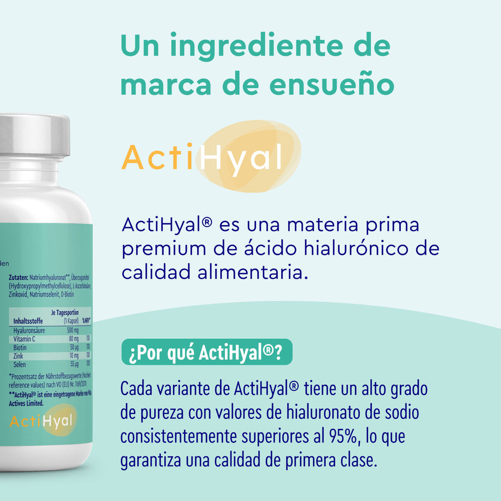 Se muestra un frasco de Ácido ialurónico con vitamina C de gloryfeel GmbH España, destacándolo como un producto de ácido hialurónico de grado alimenticio premium con hialuronato de sodio puro al 95% para una calidad excepcional.
