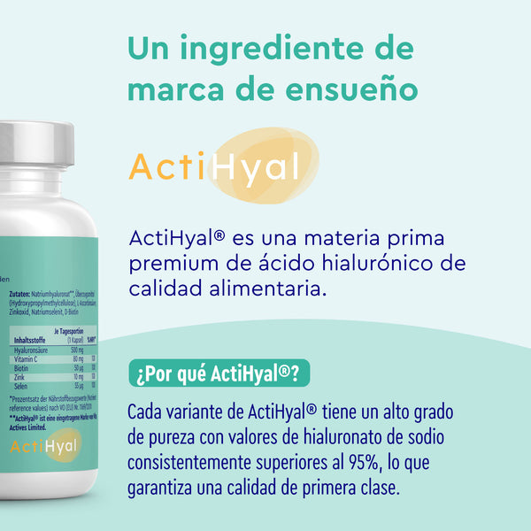 Se muestra un frasco de Ácido ialurónico con vitamina C de gloryfeel GmbH España, destacándolo como un producto de ácido hialurónico de grado alimenticio premium con hialuronato de sodio puro al 95% para una calidad excepcional.