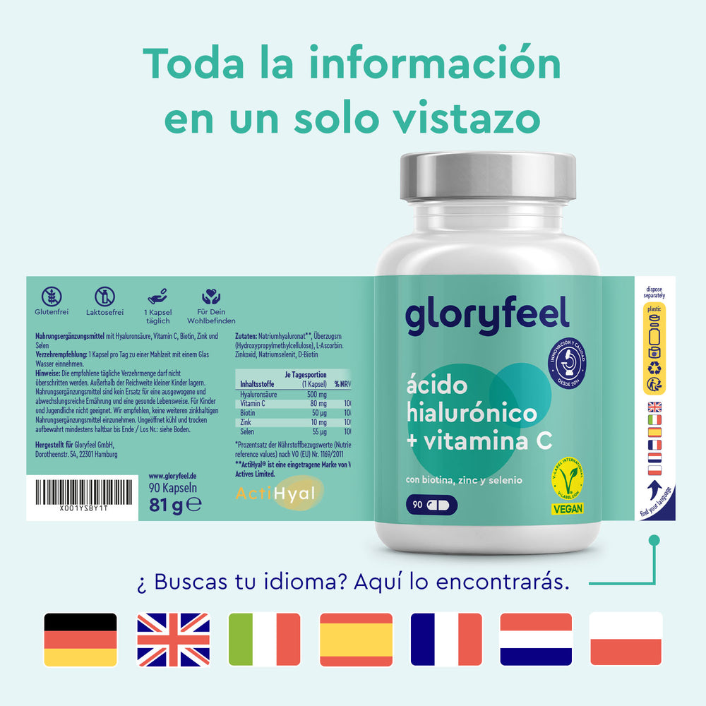 Una botella con la etiqueta &quot;gloryfeel GmbH Spain Ácido ialurónico con vitamina C&quot; incluye información nutricional e iconos para vegano, sin gluten y reciclable. Las banderas en la parte inferior indican los idiomas disponibles.