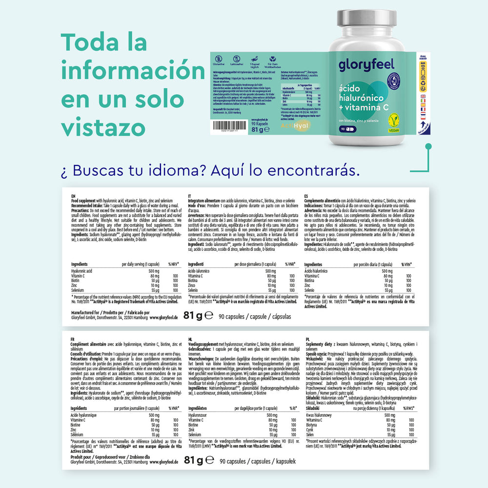 Frasco de &quot;Ácido ialurónico con vitamina C&quot; de Gloryfeel GmbH España con etiqueta multilingüe que detalla los ingredientes y el uso.