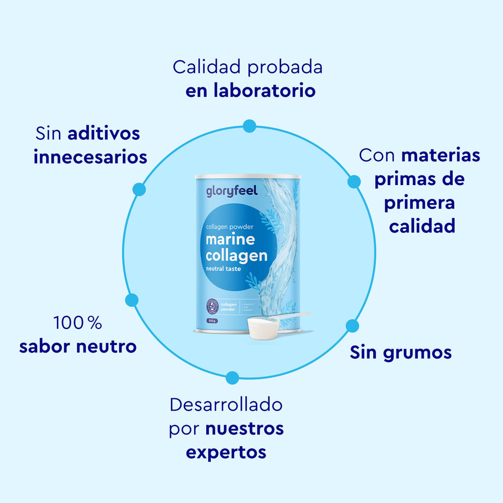 El Colágeno Marino Hidrolizado en Polvo de gloryfeel GmbH España ofrece características como ingredientes de alta calidad probados en laboratorio, textura sin grumos, desarrollo experto, sabor neutro y sin aditivos innecesarios. Incluye envase y cuchara dosificadora.