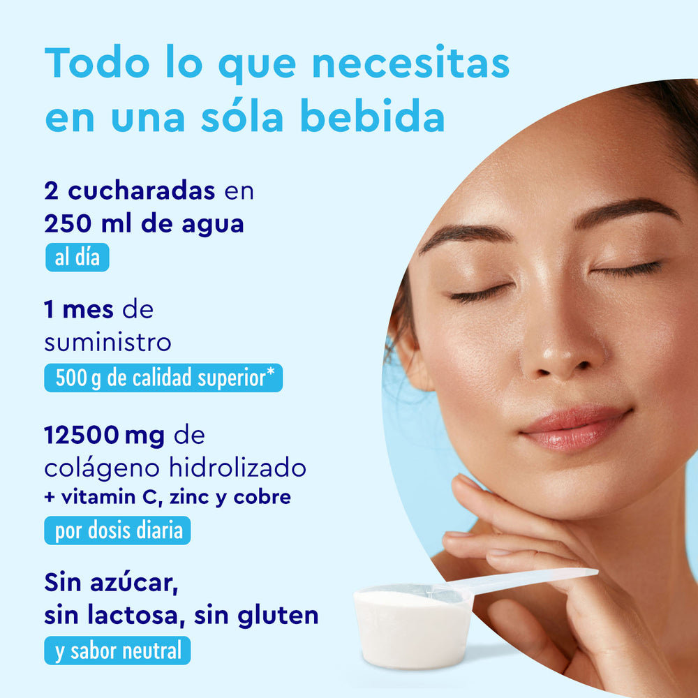 Anuncio con una mujer con los ojos cerrados que destaca el Colágeno Marino Hidrolizado en polvo de gloryfeel GmbH España. Muestra los beneficios de suplementos como el colágeno y las vitaminas, junto con la dosis e información nutricional.
