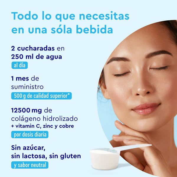 Anuncio con una mujer con los ojos cerrados que destaca el Colágeno Marino Hidrolizado en polvo de gloryfeel GmbH España. Muestra los beneficios de suplementos como el colágeno y las vitaminas, junto con la dosis e información nutricional.