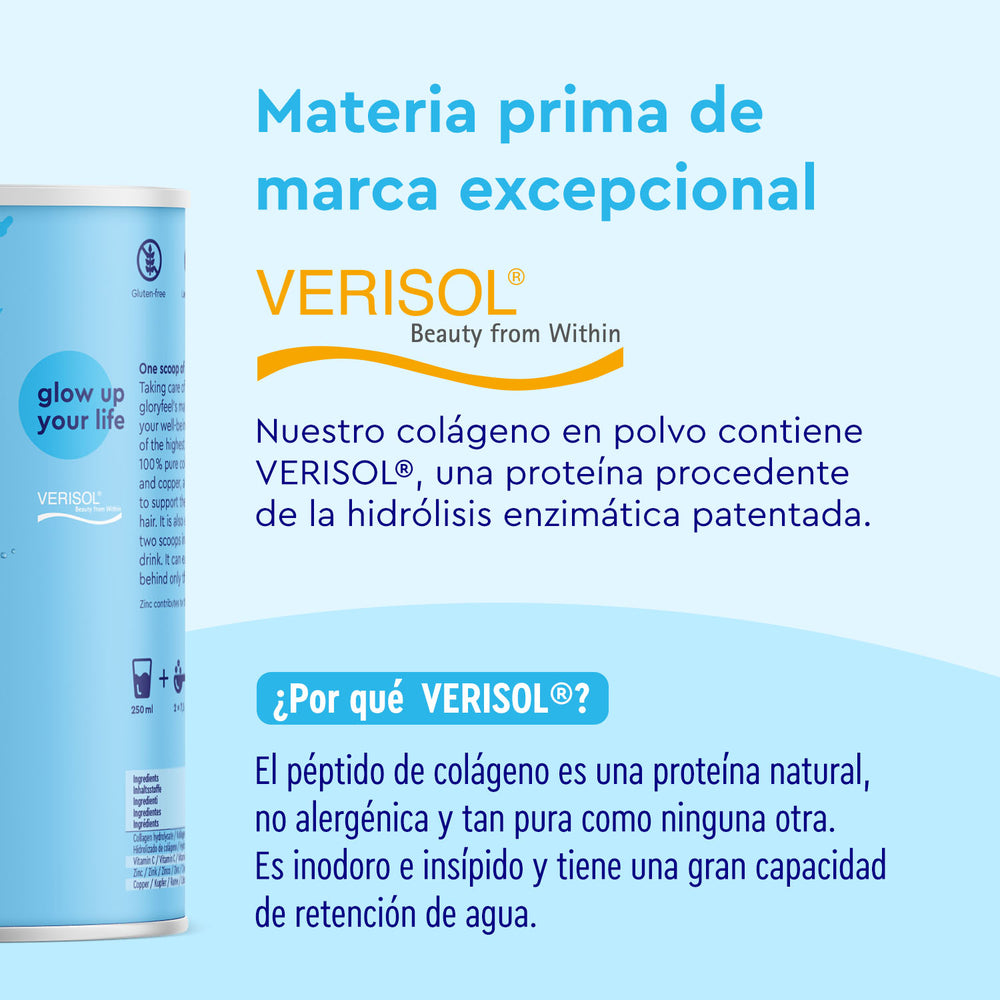 Una imagen publicitaria muestra un recipiente cilíndrico a la izquierda con un texto en español que detalla los beneficios del Colágeno Marino Hidrolizado en polvo de gloryfeel GmbH España, enfatizando su pureza y retención naturales.