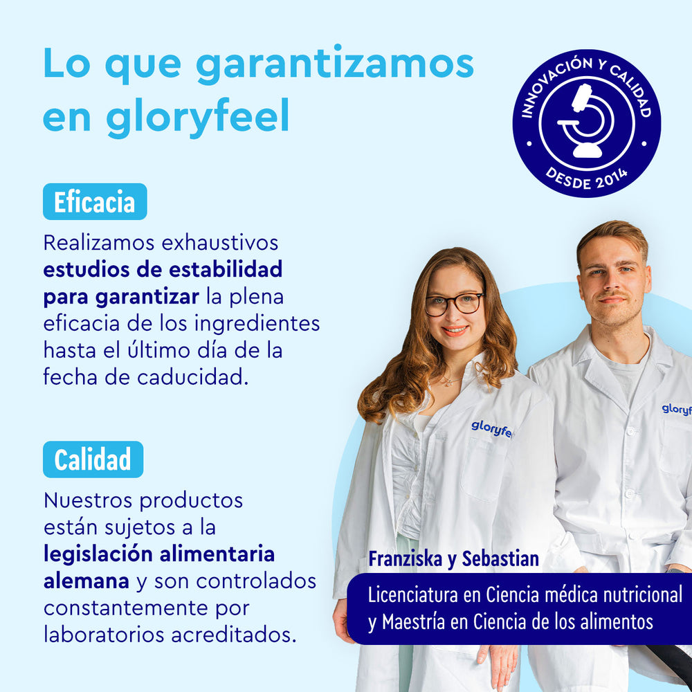 La imagen muestra las garantías de gloryfeel GmbH España: eficacia avalada por estudios de estabilidad de ingredientes y cumplimiento de la normativa alimentaria alemana. Aparecen dos personas, identificadas como Franziska y Sebastian, promocionando el Colágeno Marino Hidrolizado en polvo.