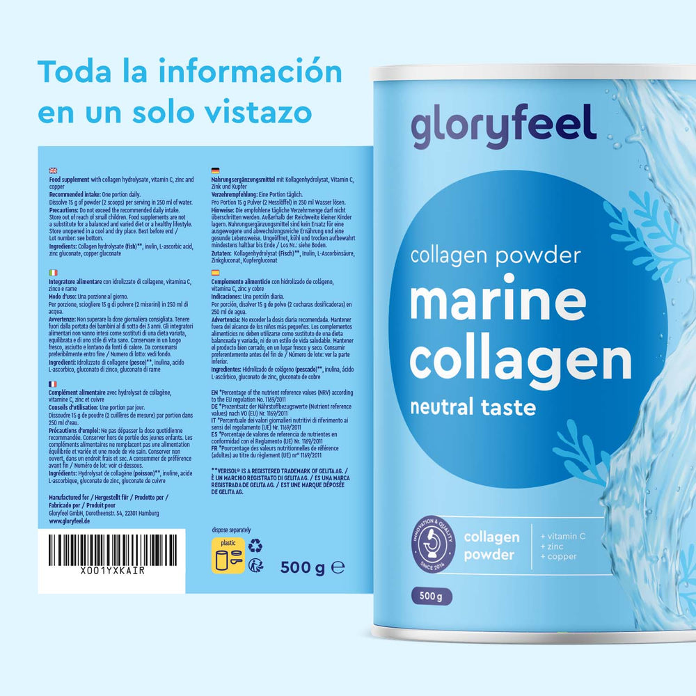 El envase azul de Colágeno Marino Hidrolizado en polvo de gloryfeel GmbH España incluye información nutricional y de ingredientes. Contiene 500 g, está etiquetado como de sabor neutro e incluye vitamina C y cobre.