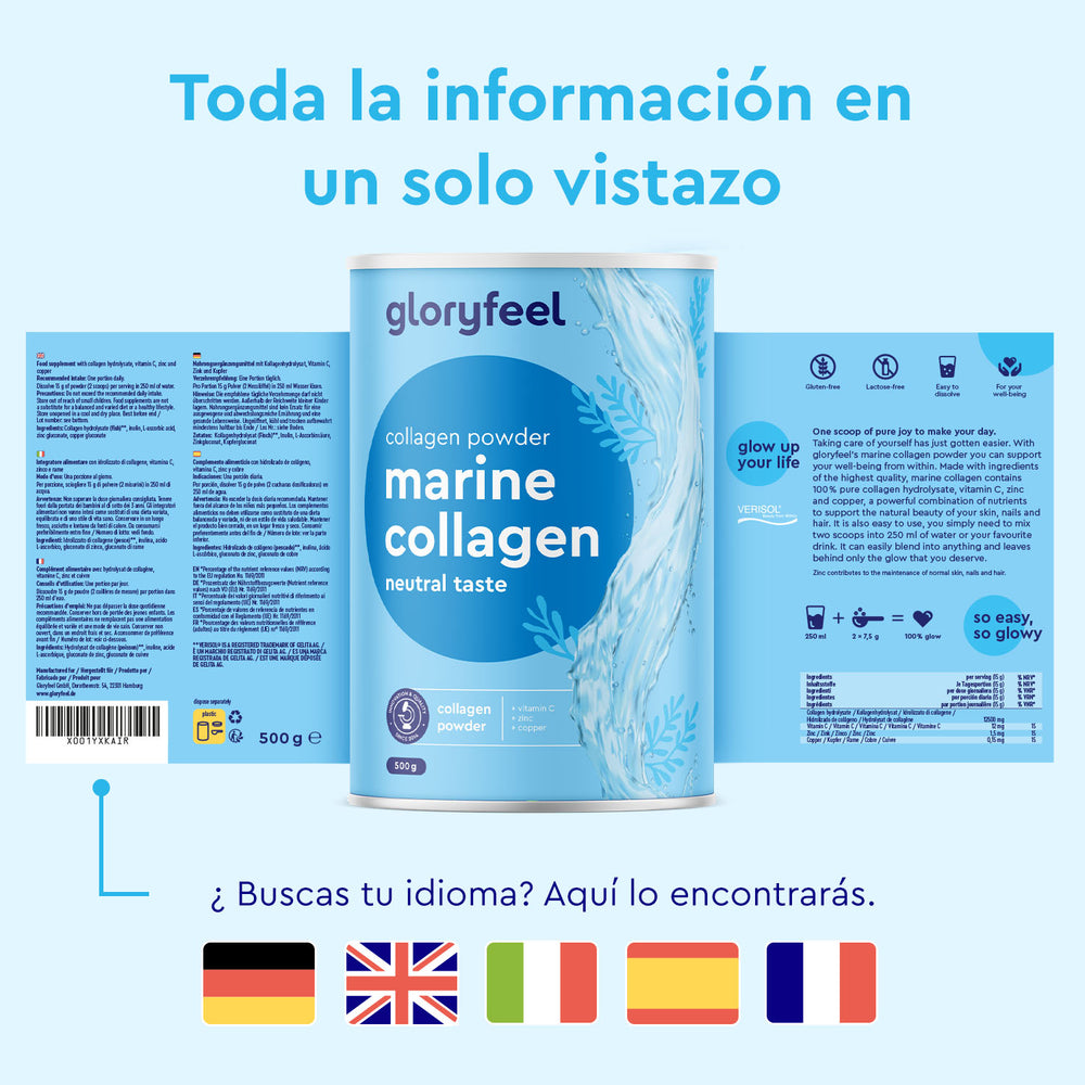 El envase del Colágeno Marino Hidrolizado en polvo de gloryfeel GmbH España es de color azul y blanco, con texto en español y banderas que indican instrucciones multilingües.