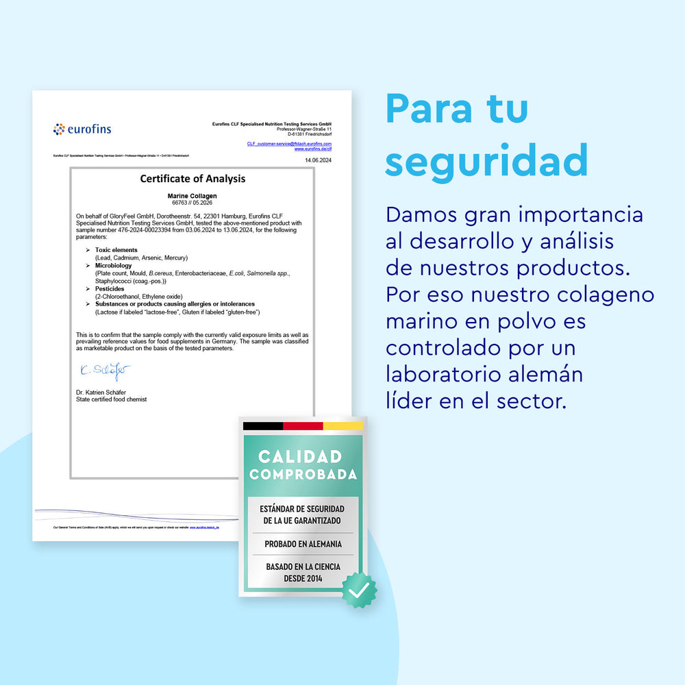 Un Certificado de Análisis de Eurofins garantiza la seguridad del producto Colágeno Marino Hidrolizado en polvo de gloryfeel GmbH España, con un texto adjunto que resalta la importancia del análisis y el control de calidad.