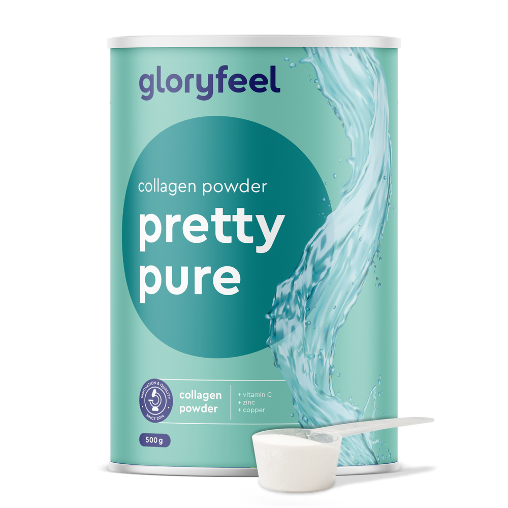 El producto de Gloryfeel GmbH España, &quot;Colágeno en polvo 500 g - Pretty pure - Sabor neutro&quot;, se presenta en un envase verde y azul con una cucharada de polvo blanco. Contiene vitamina C, zinc y cobre añadidos.