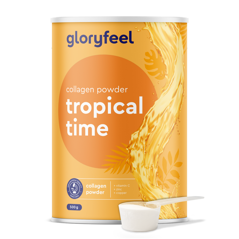 Un envase de Colágeno en polvo 500g de GloryFeel GmbH España con sabor a naranja tropical, con una cuchara a su lado, repleto de colágeno en polvo, vitamina C, zinc y cobre.