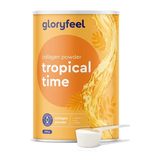 Un envase de Colágeno en polvo 500g de GloryFeel GmbH España con sabor a naranja tropical, con una cuchara a su lado, repleto de colágeno en polvo, vitamina C, zinc y cobre.