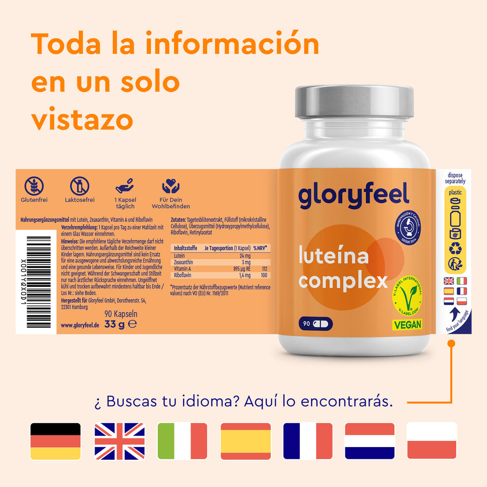 Un frasco de Cápsulas de luteína de GloryFeel GmbH España con una etiqueta en español que muestra las vitaminas y minerales. Los iconos y las banderas destacan su fórmula vegana, su soporte multilingüe y sus beneficios adicionales de colágeno.