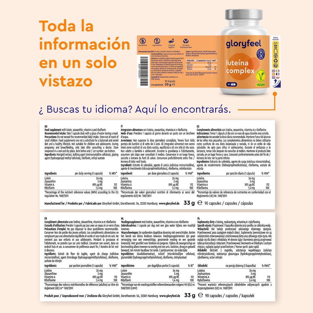 La etiqueta del producto y la información complementaria de Cápsulas de luteína de GloryFeel GmbH España, que contiene colágeno además de vitaminas y minerales, aparecen en varios idiomas junto con una imagen de la botella y un titular que muestra todos los detalles juntos.