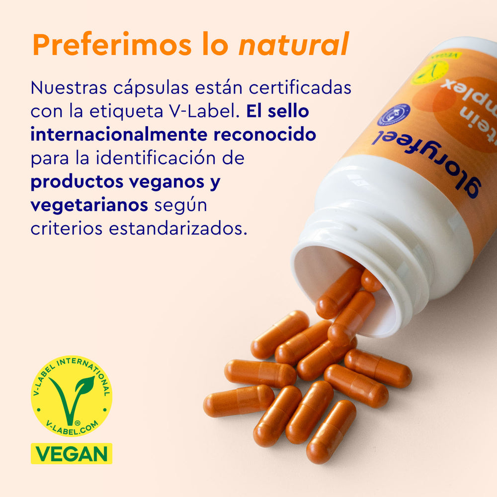 Una botella con la etiqueta &quot;GloryFeel GmbH España&quot; derrama Cápsulas de luteína de color naranja junto al logotipo vegano de V-Label International y un texto en español que describe los criterios veganos y vegetarianos.
