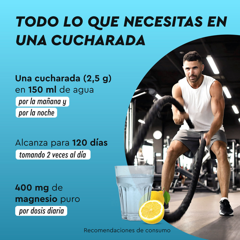 Un hombre se ejercita con cuerdas de batalla en un gimnasio, acompañado de un texto que detalla los beneficios del Complejo de Magnesio en polvo de gloryfeel GmbH España, enfatizando la dosis, la duración y la composición.