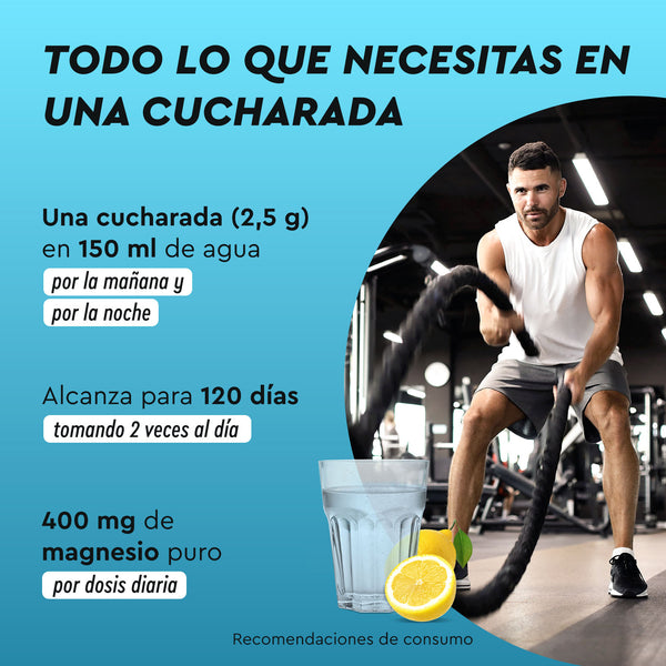 Un hombre se ejercita con cuerdas de batalla en un gimnasio, acompañado de un texto que detalla los beneficios del Complejo de Magnesio en polvo de gloryfeel GmbH España, enfatizando la dosis, la duración y la composición.
