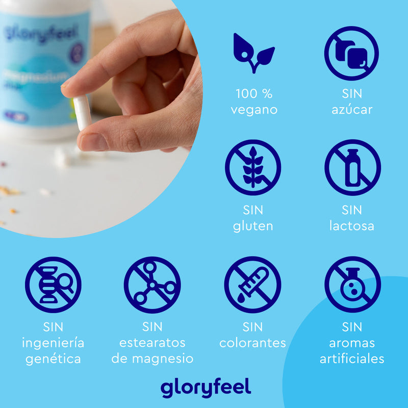 Una mano sostiene una cápsula cerca del frasco de Magnesio Plus, lo que resalta sus propiedades 100 % veganas, sin azúcar, gluten, lactosa ni sabores artificiales. Presenta una alta biodisponibilidad y está libre de ingeniería genética y estearato de magnesio. La marca GloryFeel garantiza la calidad de este suplemento alimenticio.