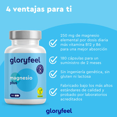 Presentamos "Magnesio Plus - Dicitrato de Tri-Magnesio en cápsulas" de GloryFeel, un suplemento alimenticio que ofrece magnesio y vitaminas a diario. Con 180 cápsulas, no contiene OMG ni gluten, su calidad está comprobada en laboratorio y garantiza una alta biodisponibilidad para una absorción eficiente de nutrientes.