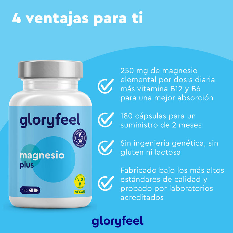 Presentamos "Magnesio Plus - Dicitrato de Tri-Magnesio en cápsulas" de GloryFeel, un suplemento alimenticio que ofrece magnesio y vitaminas a diario. Con 180 cápsulas, no contiene OMG ni gluten, su calidad está comprobada en laboratorio y garantiza una alta biodisponibilidad para una absorción eficiente de nutrientes.