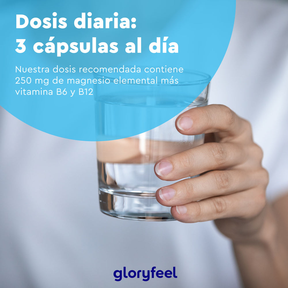 Una persona con un vaso de agua muestra un texto superpuesto con la dosis diaria: 3 cápsulas, cada una con magnesio, vitamina B6 y vitamina B12 para una mayor biodisponibilidad. En la parte inferior se encuentra el logotipo &quot;GloryFeel&quot; de su producto Magnesio Plus - Dicitrato de Tri-Magnesio en cápsulas.