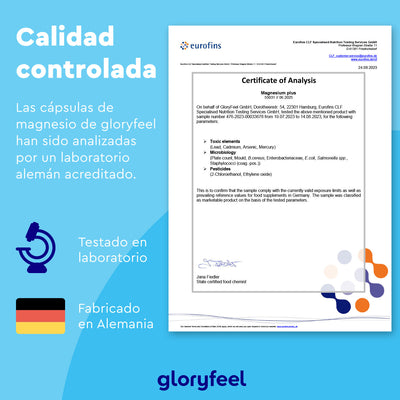 El Certificado de Análisis 2023 de Eurofins para Magnesio Plus - Dicitrato de Tri-Magnesio en cápsulas de GloryFeel confirma que ha sido probado en Alemania, enfatizando su biodisponibilidad como suplemento alimenticio.