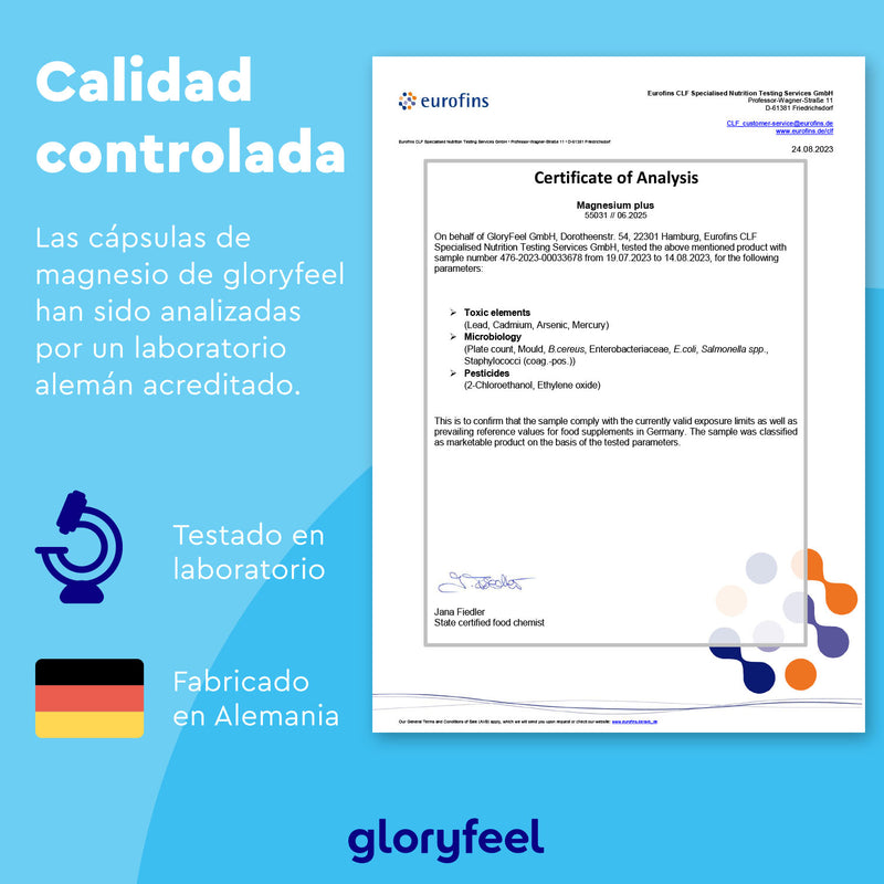 El Certificado de Análisis 2023 de Eurofins para Magnesio Plus - Dicitrato de Tri-Magnesio en cápsulas de GloryFeel confirma que ha sido probado en Alemania, enfatizando su biodisponibilidad como suplemento alimenticio.