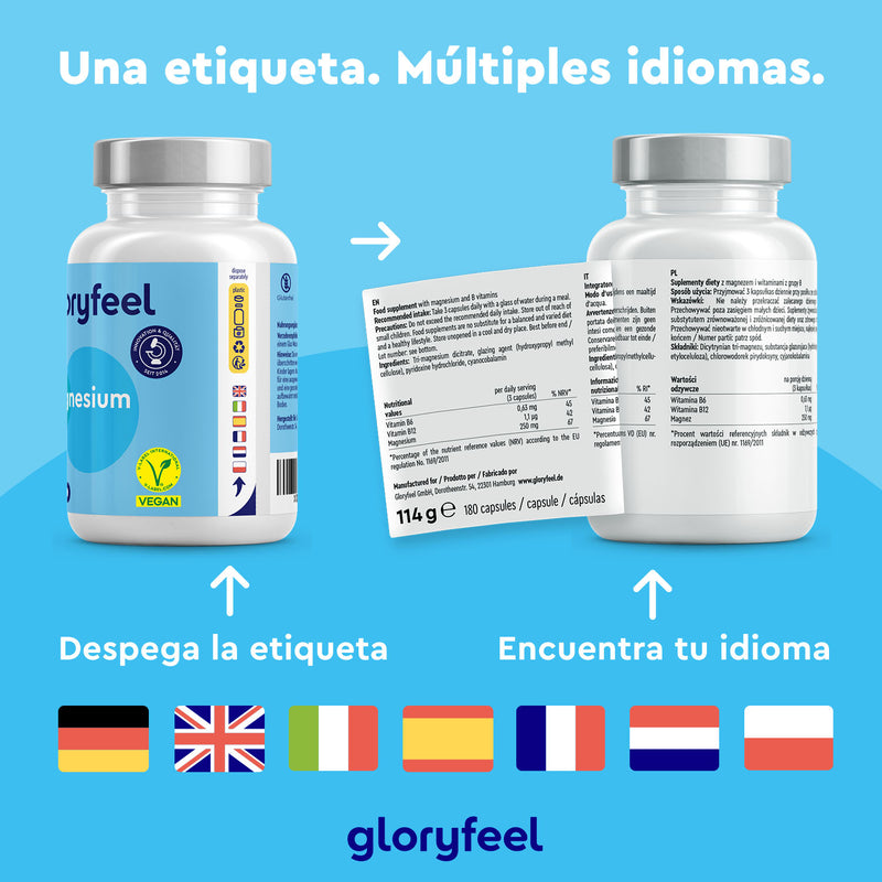 Dos botellas de Magnesio Plus de GloryFeel demuestran su función como suplemento alimenticio. Las etiquetas despegables y las banderas indican opciones multilingües, lo que garantiza la accesibilidad. El logotipo y la marca se presentan sobre un fondo azul para facilitar su reconocimiento.