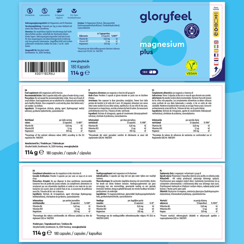 Las cápsulas Magnesio Plus - Dicitrato de Tri-Magnesio de GloryFeel vienen en un envase azul y blanco como suplemento alimenticio, con información nutricional y logotipos veganos y ecológicos. Garantizan una alta biodisponibilidad y están disponibles en envases de 180 cápsulas.