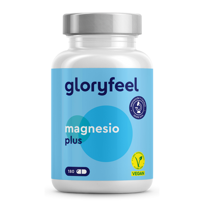 Un frasco de Magnesio Plus - Dicitrato de Tri-Magnesio en cápsulas de GloryFeel contiene 180 cápsulas, con una etiqueta azul y blanca que muestra un sello de 5 años de confianza del cliente, destacando la alta biodisponibilidad para un bienestar óptimo.
