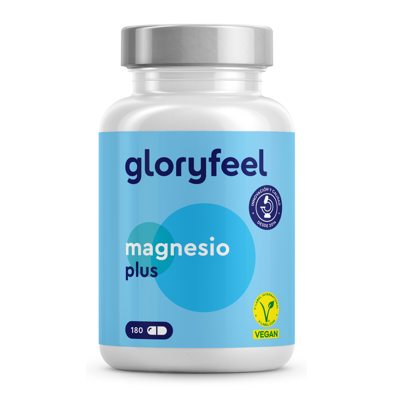 Un frasco de Magnesio Plus - Dicitrato de Tri-Magnesio en cápsulas de GloryFeel contiene 180 cápsulas, con una etiqueta azul y blanca que muestra un sello de 5 años de confianza del cliente, destacando la alta biodisponibilidad para un bienestar óptimo.