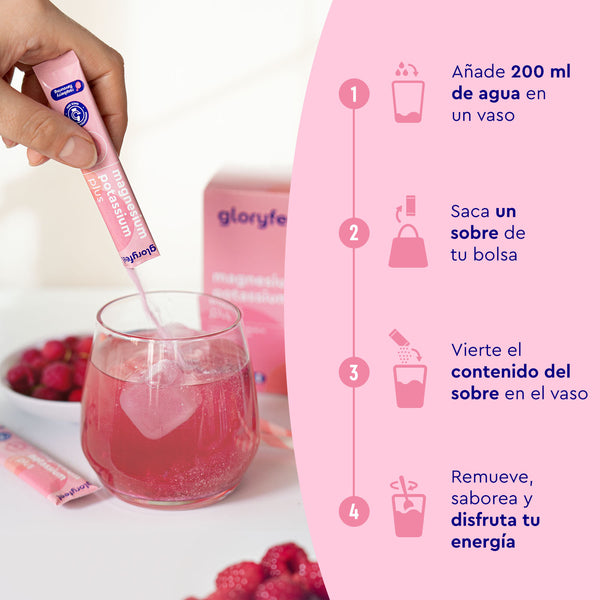 Una persona añade Magnesio Potasio Sticks Frambuesa de gloryfeel GmbH España a un vaso de bebida roja. Las instrucciones indican: añadir agua, añadir el sobre, remover y disfrutar. La frambuesa y la caja del producto son visibles.
