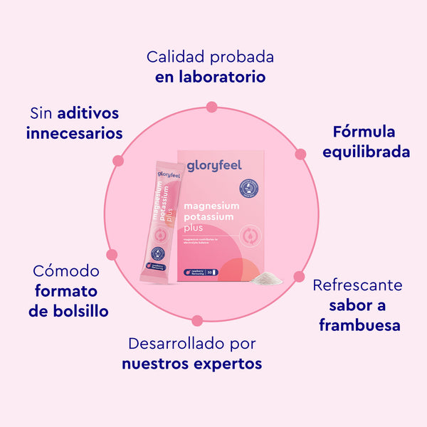 El envase de Magnesio Potasio Sticks Frambuesa de gloryfeel GmbH España destaca la calidad probada en laboratorio, la fórmula equilibrada, el sabor a frambuesa, la comodidad del tamaño de bolsillo, la ausencia de aditivos innecesarios y un desarrollo experto.