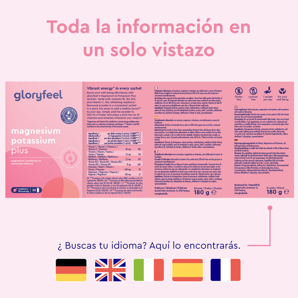 Imagen del packaging de &quot;Magnesio Potasio Sticks Frambuesa&quot; de gloryfeel GmbH España, con detalles multilingües y banderas de España, Reino Unido, Italia, Francia, Alemania y Países Bajos.