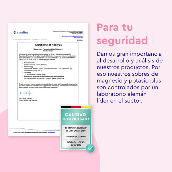 El certificado de análisis de Magnesio Potasio Sticks Frambuesa de gloryfeel GmbH España subraya el papel fundamental del desarrollo y el análisis para garantizar la seguridad del producto, tal y como ha verificado un laboratorio alemán.