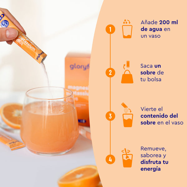 Palitos de Magnesio y Potasio Naranja de gloryfeel GmbH España: Mezclar un sobre con 200 ml de agua en un vaso, remover bien y disfrutar. Servir con rodajas de naranja.