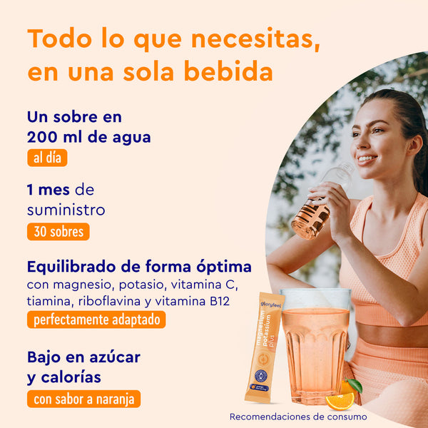Disfruta de unos refrescantes y fáciles de preparar Palitos de Magnesio y Potasio Naranja de gloryfeel GmbH España, repletos de vitaminas y minerales. Esta deliciosa bebida con sabor a naranja es baja en azúcar y calorías. Perfecta para hidratarte en cualquier momento; ¡tómala del vaso como se muestra en la imagen!.
