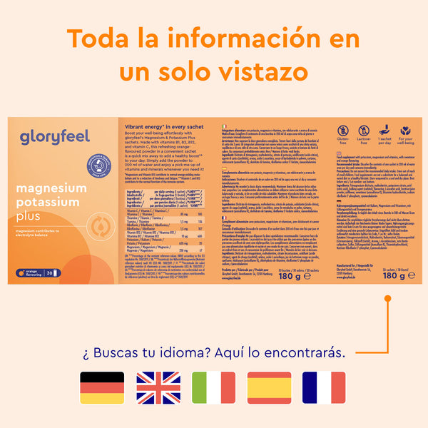 Magnesio Potasio Sticks Naranja de gloryfeel GmbH España presenta una caja naranja vibrante con información detallada, datos nutricionales y banderas multilingües en la parte inferior.