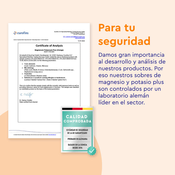 El Certificado de Análisis de Magnesio Potasio Sticks Naranja de gloryfeel GmbH España resalta la importancia de la seguridad y calidad del producto, con un distintivo de estándares de calidad y seguridad verificados.