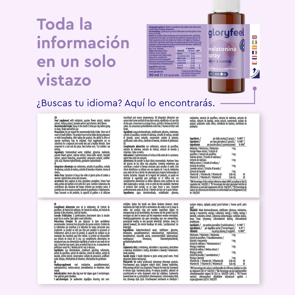 La imagen muestra una caja de Melatonina Spray de GloryFeel GmbH España con instrucciones multilingües y el texto &quot;Toda la información en un solo vistazo&quot;. Destaca su lenguaje inclusivo y su enfoque natural para mejorar el sueño con melatonina.