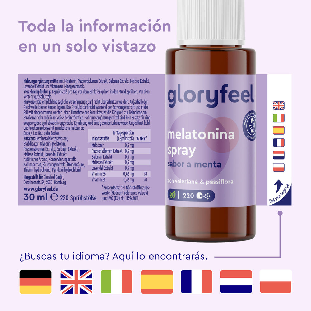 GloryFeel GmbH España ofrece un espray de melatonina con valeriana y pasiflora, destacando su uso como tratamiento natural para el sueño. Las etiquetas y banderas multilingües destacan la variedad de idiomas disponibles para esta mezcla de melatonina y plantas medicinales.