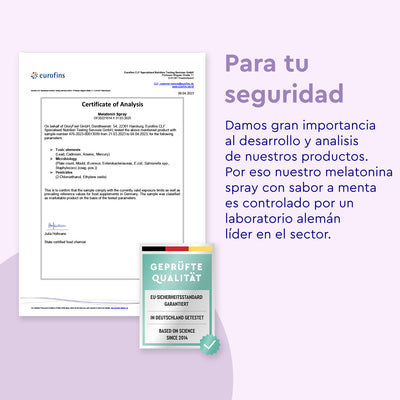 Un certificado de análisis Eurofins aparece junto al texto que destaca la seguridad y las pruebas de Melatonina Spray de gloryfeel GmbH, con un sello de calidad debajo que resalta la valeriana para un sueño reparador.