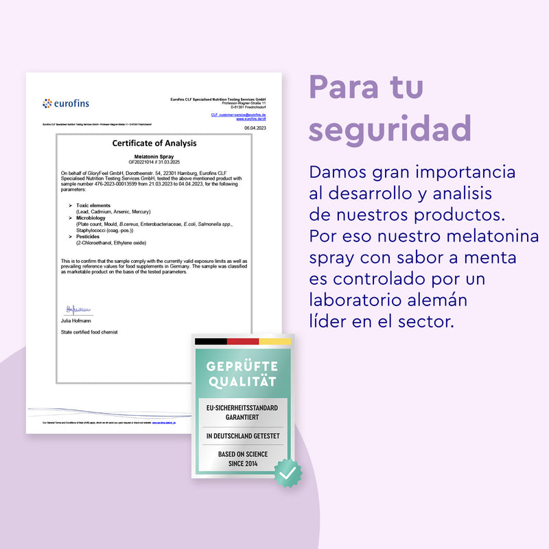Un certificado de análisis Eurofins aparece junto al texto que destaca la seguridad y las pruebas de Melatonina Spray de gloryfeel GmbH, con un sello de calidad debajo que resalta la valeriana para un sueño reparador.
