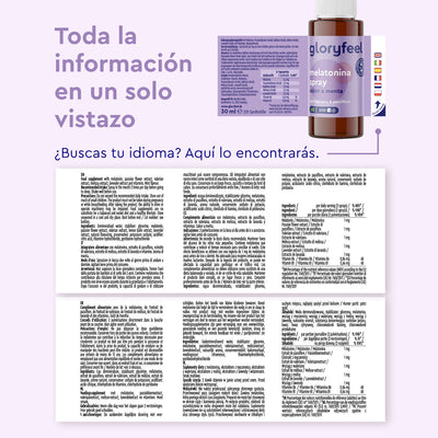 Imagen de Melatonina Spray de gloryfeel GmbH con valeriana para un sueño reparador. Embalaje y frasco mostrados, detalles del producto proporcionados en varios idiomas a continuación para una cómoda referencia.