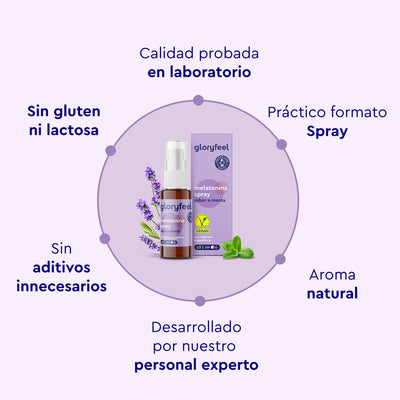 Melatonina Spray de gloryfeel GmbH con lavanda, menta y valeriana. Características: calidad probada, aroma natural y sin gluten, lactosa ni aditivos, ideal para un sueño reparador.